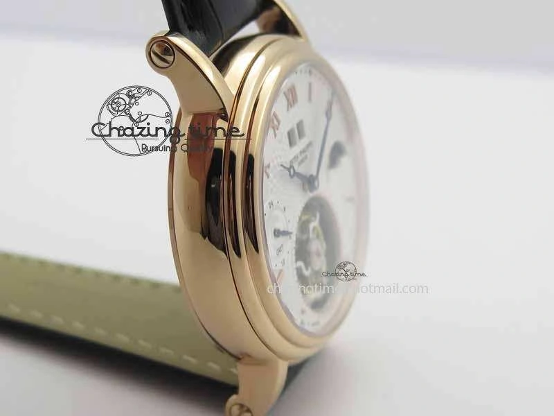 Classic Tourbillon Big Date RG White Textured Dial On Black Leather Strap