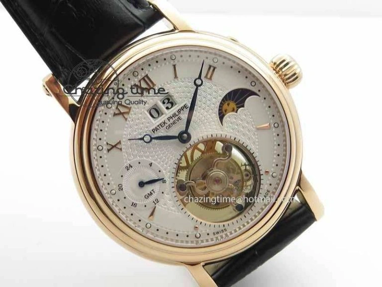 Classic Tourbillon Big Date RG White Textured Dial On Black Leather Strap