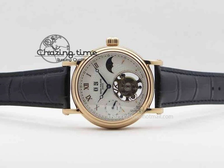 Classic Tourbillon Big Date RG White Textured Dial On Black Leather Strap