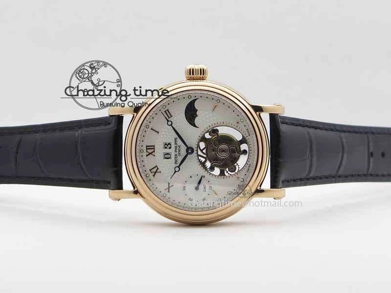 Classic Tourbillon Big Date RG White Textured Dial On Black Leather Strap