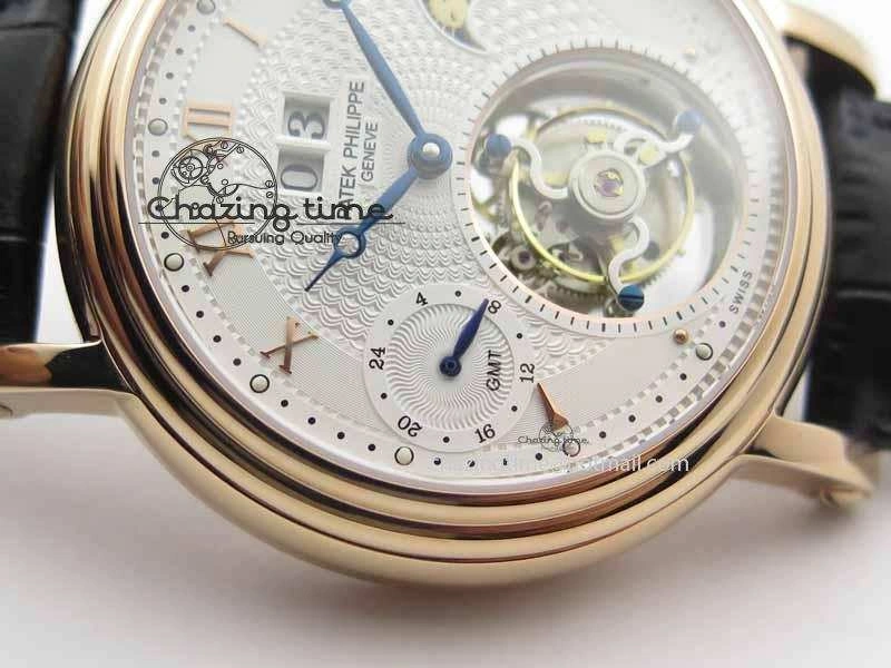 Classic Tourbillon Big Date RG White Textured Dial On Black Leather Strap