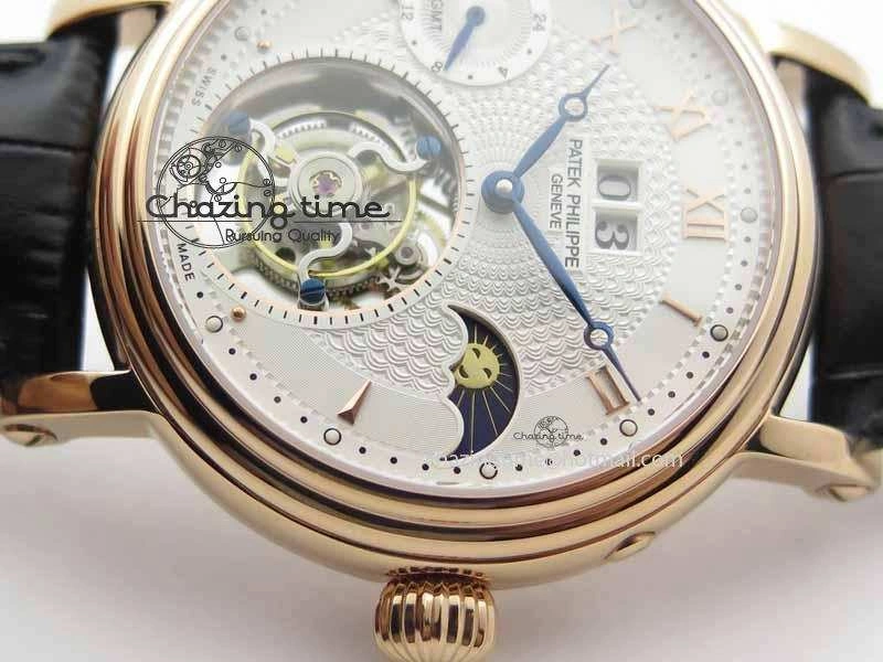 Classic Tourbillon Big Date RG White Textured Dial On Black Leather Strap