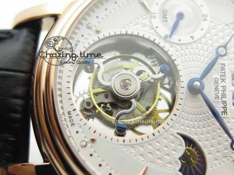 Classic Tourbillon Big Date RG White Textured Dial On Black Leather Strap