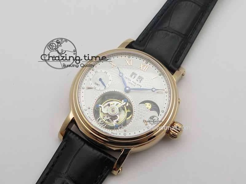 Classic Tourbillon Big Date RG White Textured Dial On Black Leather Strap