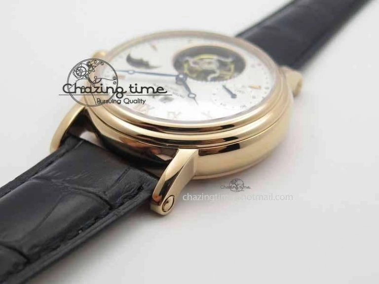 Classic Tourbillon Big Date RG White Textured Dial On Black Leather Strap