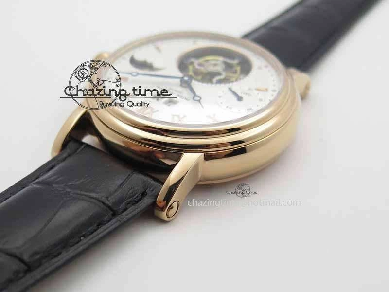 Classic Tourbillon Big Date RG White Textured Dial On Black Leather Strap