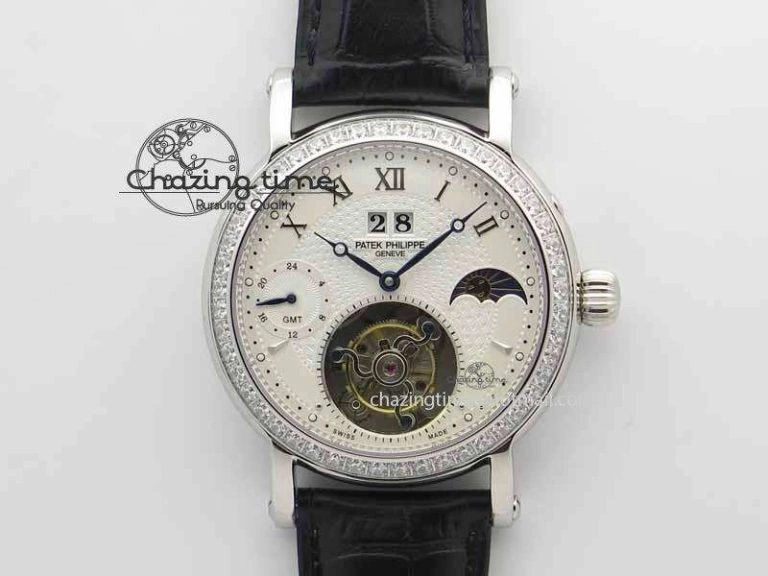 Classic Tourbillon Big Date SS White Textured Dial Diam Bezel On Black Leather Strap