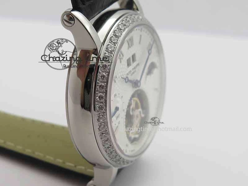 Classic Tourbillon Big Date SS White Textured Dial Diam Bezel On Black Leather Strap