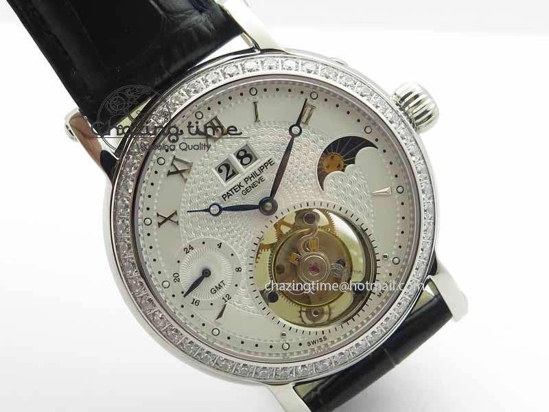 Classic Tourbillon Big Date SS White Textured Dial Diam Bezel On Black Leather Strap