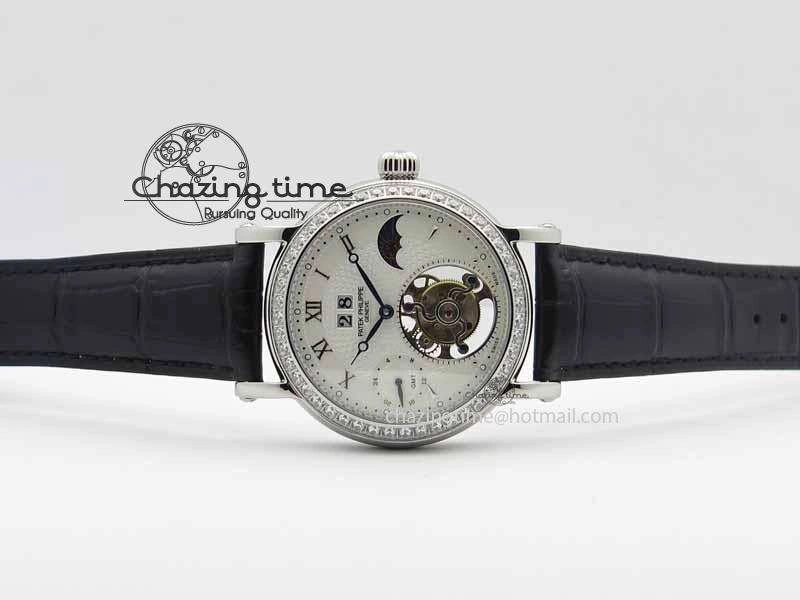 Classic Tourbillon Big Date SS White Textured Dial Diam Bezel On Black Leather Strap