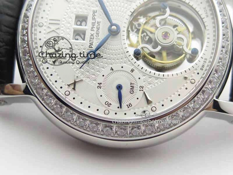 Classic Tourbillon Big Date SS White Textured Dial Diam Bezel On Black Leather Strap