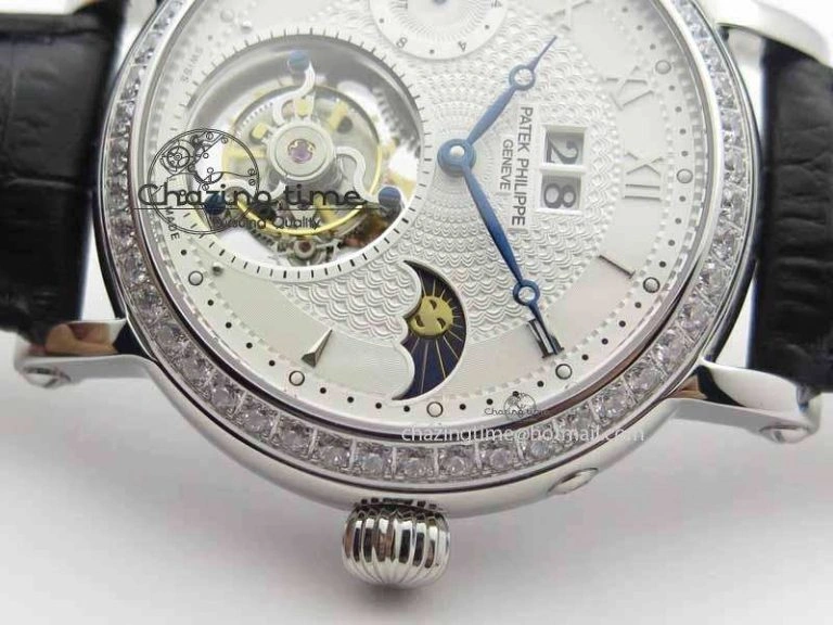Classic Tourbillon Big Date SS White Textured Dial Diam Bezel On Black Leather Strap