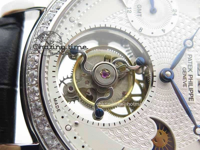 Classic Tourbillon Big Date SS White Textured Dial Diam Bezel On Black Leather Strap
