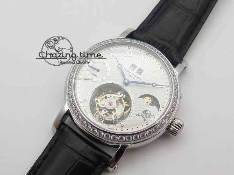Classic Tourbillon Big Date SS White Textured Dial Diam Bezel On Black Leather Strap