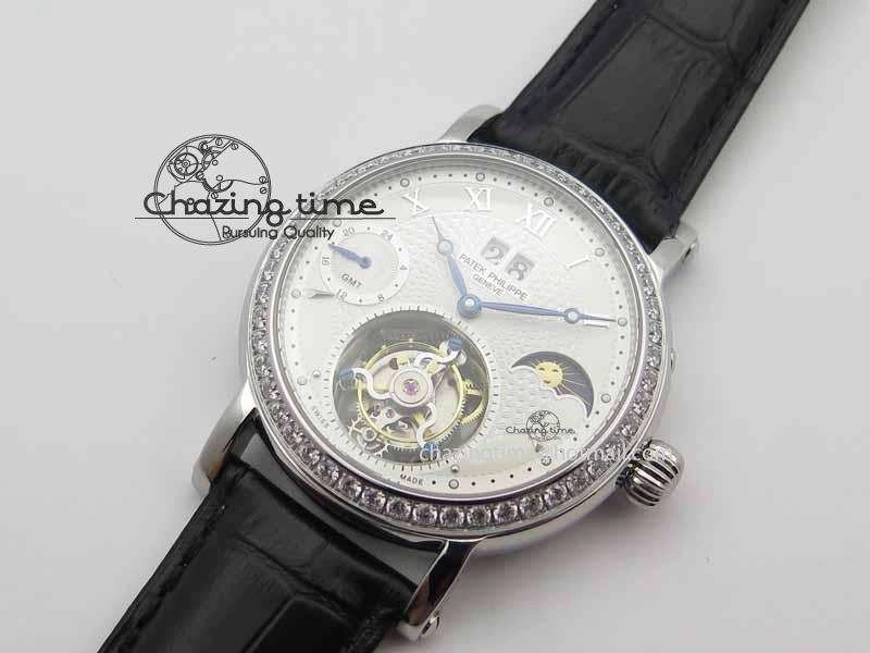 Classic Tourbillon Big Date SS White Textured Dial Diam Bezel On Black Leather Strap