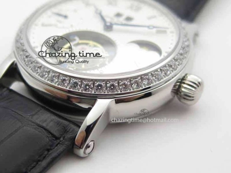 Classic Tourbillon Big Date SS White Textured Dial Diam Bezel On Black Leather Strap