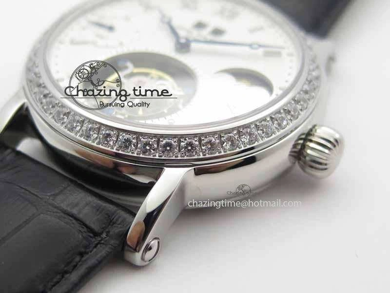 Classic Tourbillon Big Date SS White Textured Dial Diam Bezel On Black Leather Strap