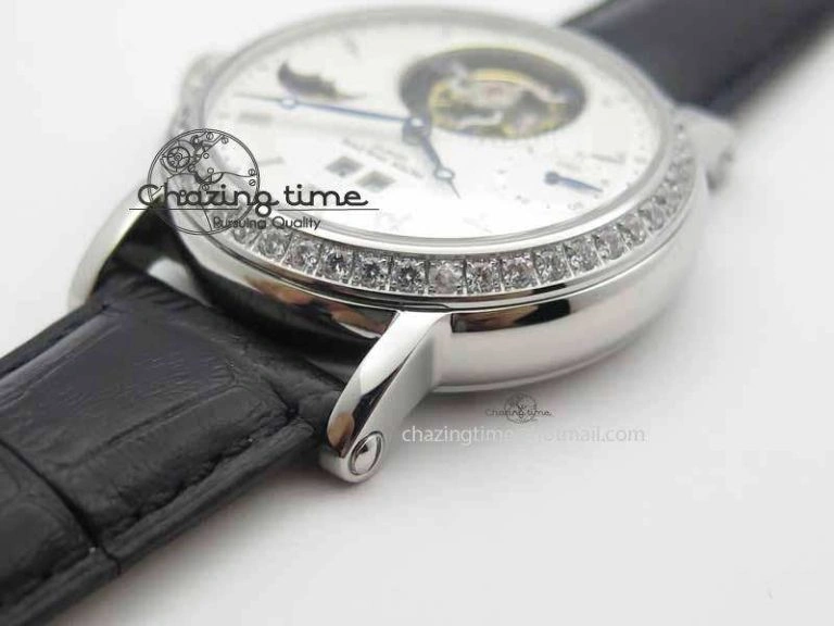 Classic Tourbillon Big Date SS White Textured Dial Diam Bezel On Black Leather Strap