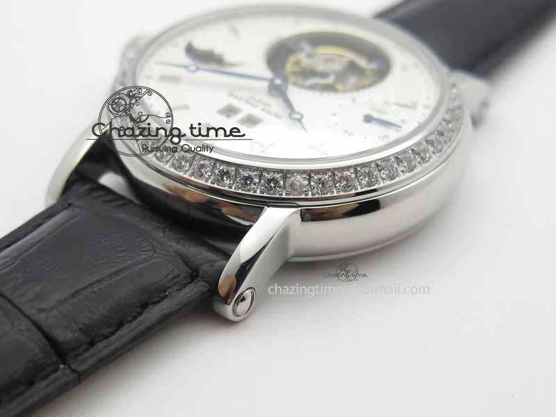 Classic Tourbillon Big Date SS White Textured Dial Diam Bezel On Black Leather Strap