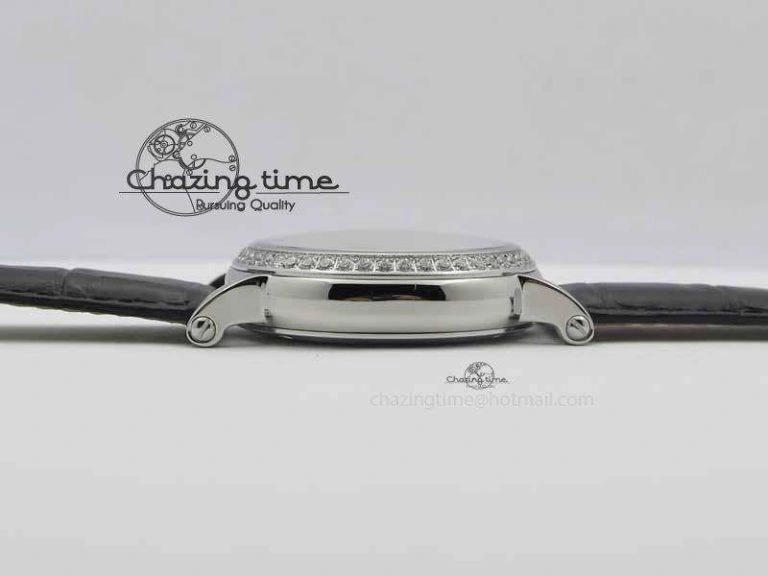Classic Tourbillon Big Date SS White Textured Dial Diam Bezel On Black Leather Strap