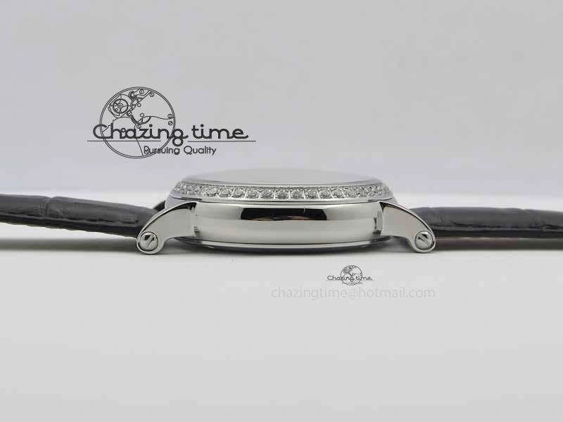 Classic Tourbillon Big Date SS White Textured Dial Diam Bezel On Black Leather Strap