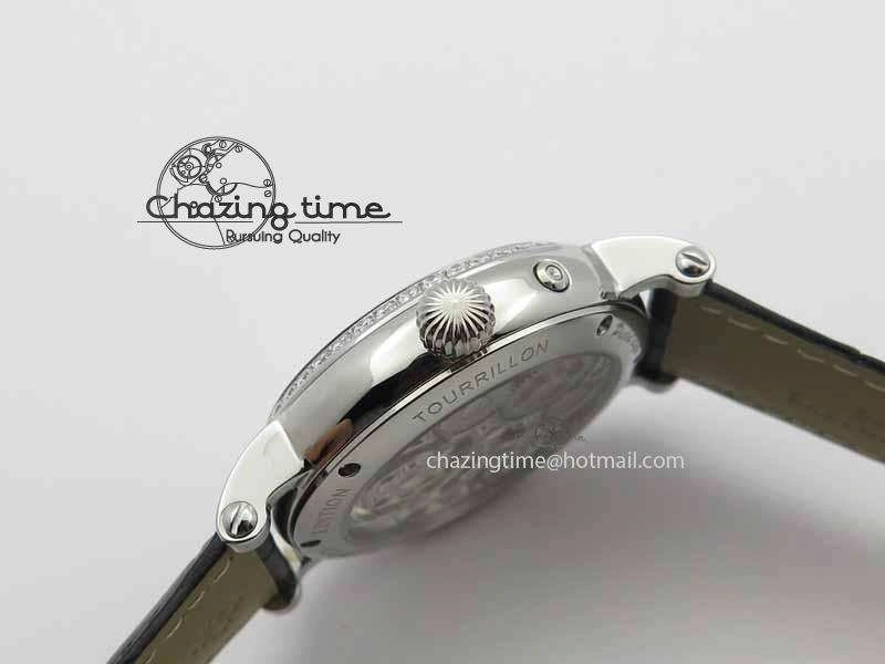 Classic Tourbillon Big Date SS White Textured Dial Diam Bezel On Black Leather Strap