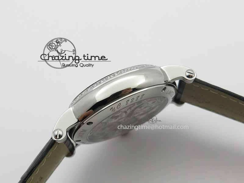 Classic Tourbillon Big Date SS White Textured Dial Diam Bezel On Black Leather Strap