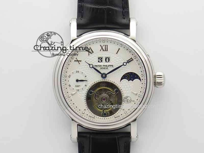 Classic Tourbillon Big Date SS White Textured Dial On Black Leather Strap