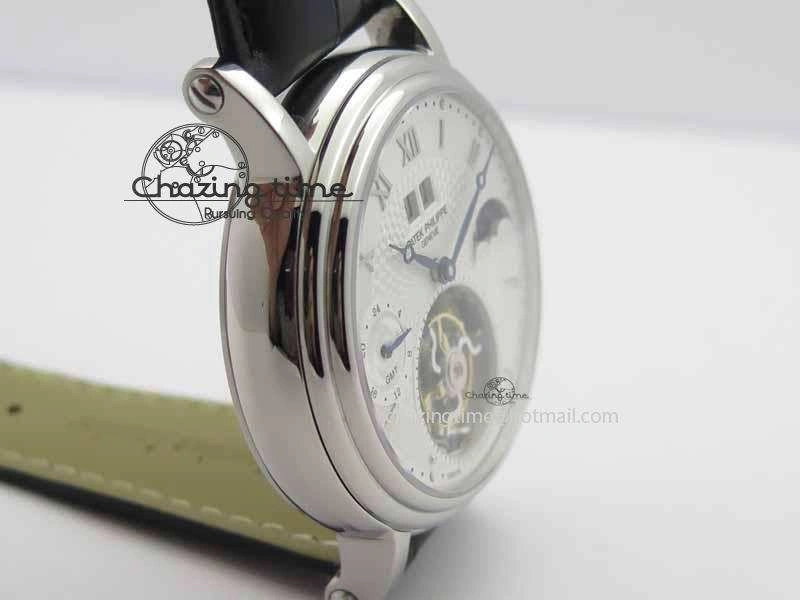 Classic Tourbillon Big Date SS White Textured Dial On Black Leather Strap