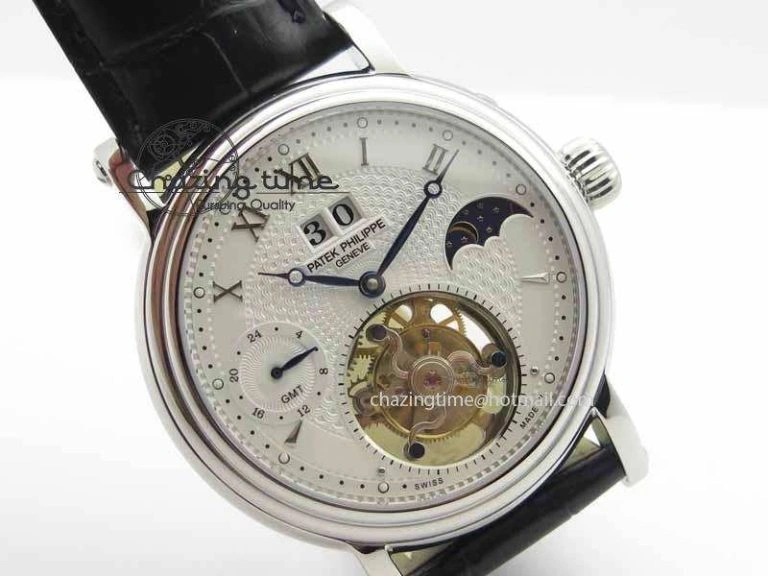 Classic Tourbillon Big Date SS White Textured Dial On Black Leather Strap