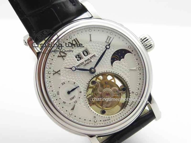 Classic Tourbillon Big Date SS White Textured Dial On Black Leather Strap