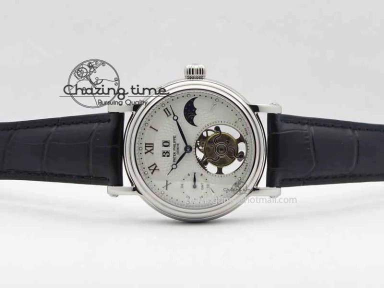 Classic Tourbillon Big Date SS White Textured Dial On Black Leather Strap