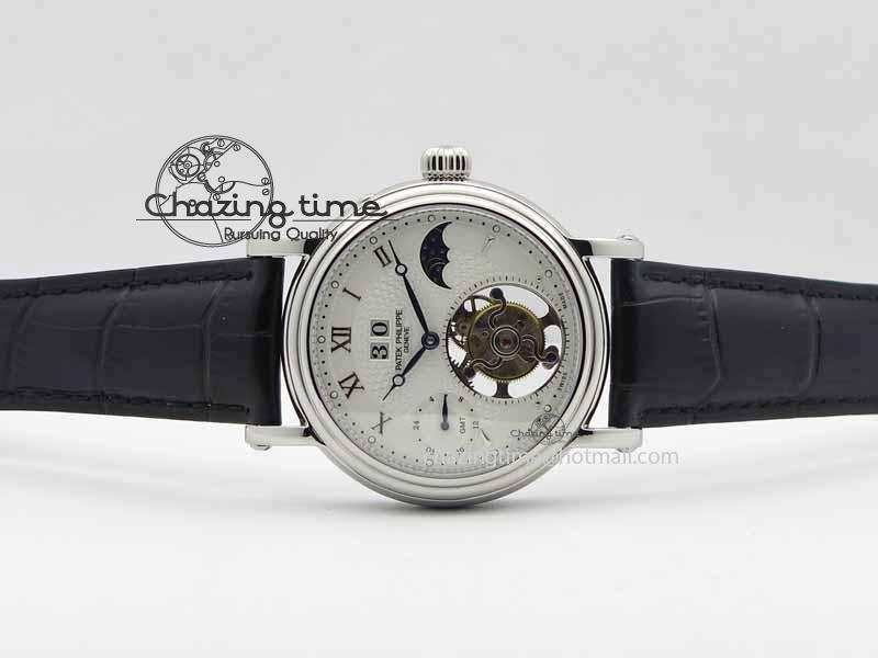 Classic Tourbillon Big Date SS White Textured Dial On Black Leather Strap