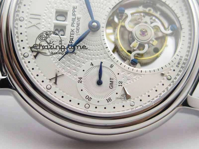 Classic Tourbillon Big Date SS White Textured Dial On Black Leather Strap