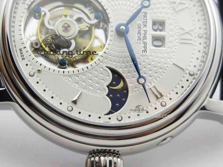 Classic Tourbillon Big Date SS White Textured Dial On Black Leather Strap