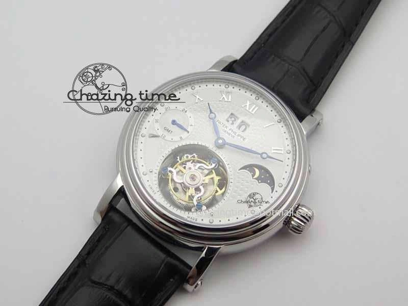 Classic Tourbillon Big Date SS White Textured Dial On Black Leather Strap