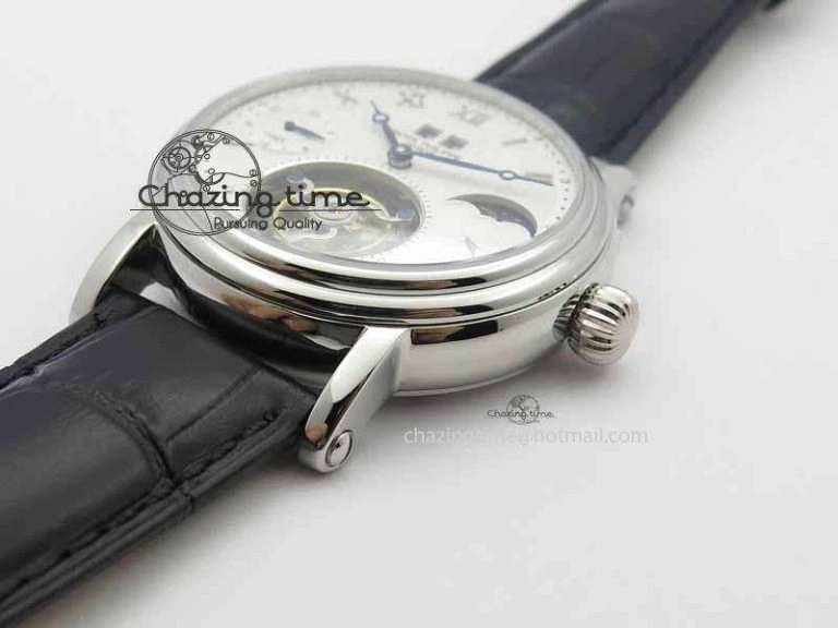 Classic Tourbillon Big Date SS White Textured Dial On Black Leather Strap
