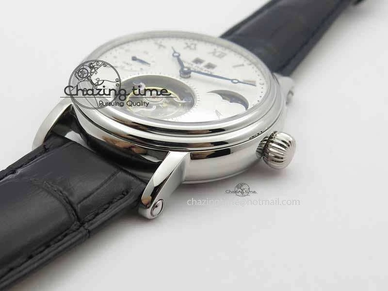 Classic Tourbillon Big Date SS White Textured Dial On Black Leather Strap