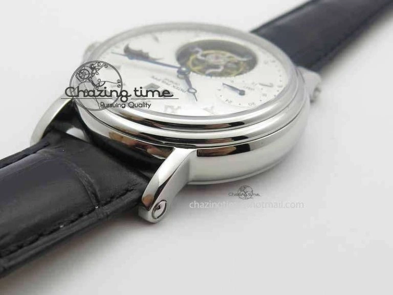 Classic Tourbillon Big Date SS White Textured Dial On Black Leather Strap