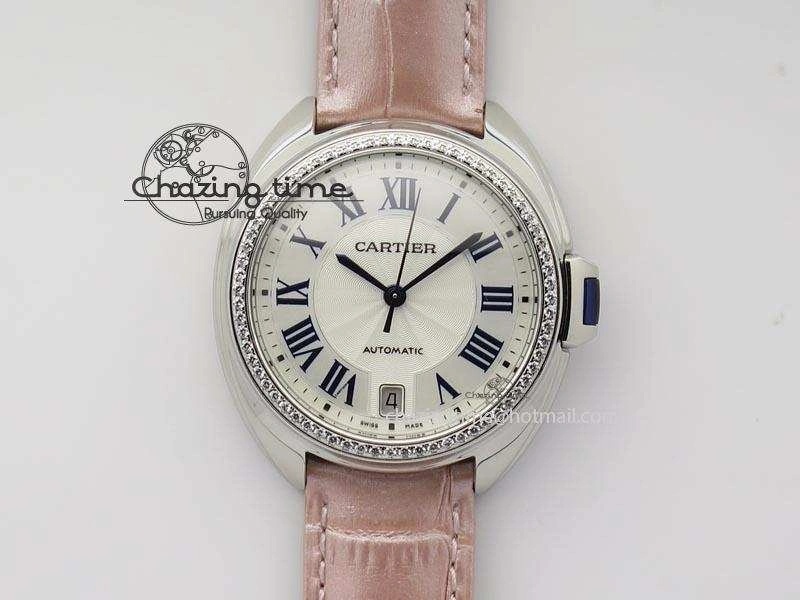 Cle de Cartier 35mm V6F Best Edition White Textured Dial ( Diamond Bezel) On Leather Strap MIYOTA9015