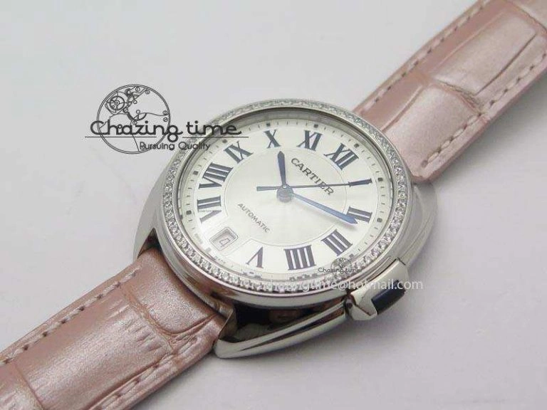 Cle de Cartier 35mm V6F Best Edition White Textured Dial ( Diamond Bezel) On Leather Strap MIYOTA9015