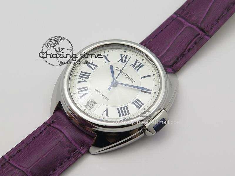 Cle de Cartier SS 35mm V6F Best Edition White Textured Dial On Purple Leather Strap MIYOTA9015