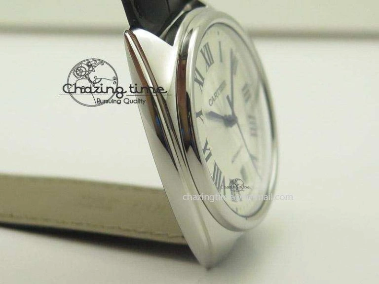 Cle de Cartier SS V6F Best Edition White Textured Dial On Black Leather Strap MIYOTA9015