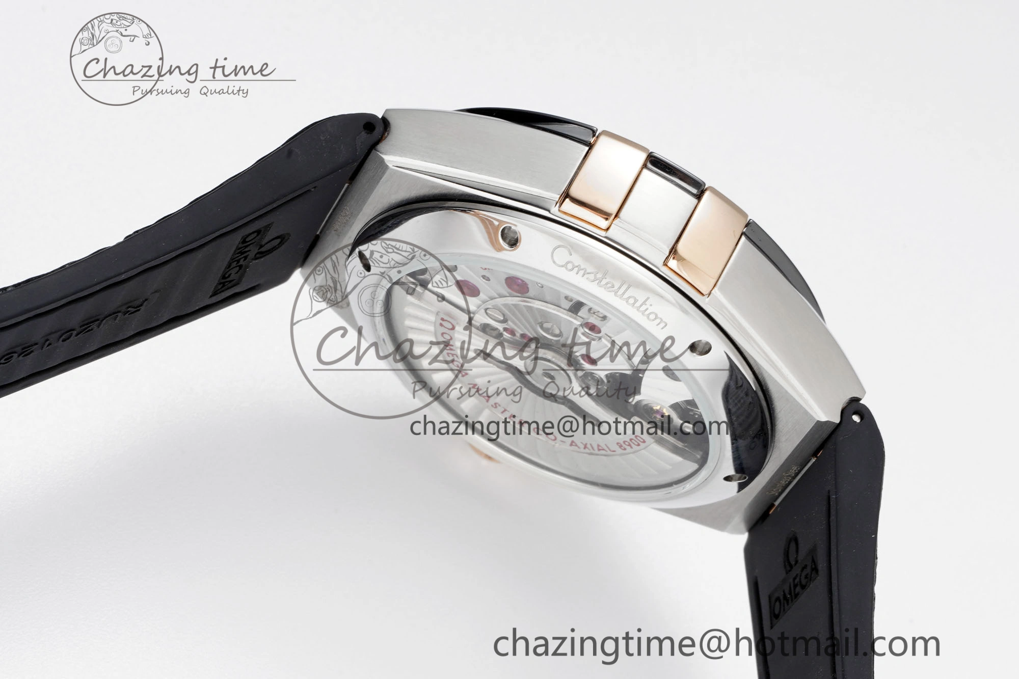 Constellation Black Ceramic SS RG 8F 1:1 Best Edition White Textured Dial on Black Gummy Strap A8900