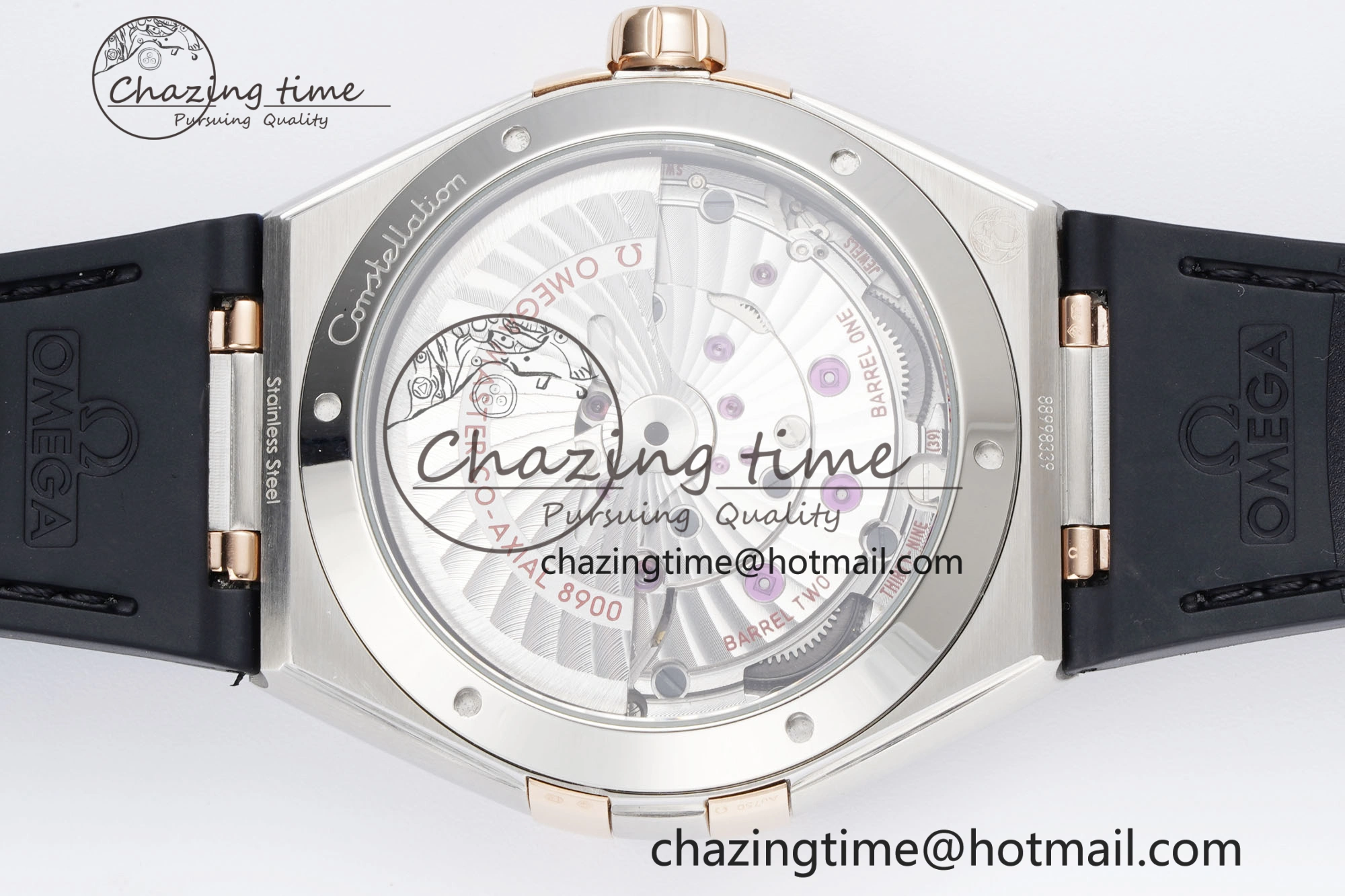 Constellation Black Ceramic SS RG SBF 1:1 Best Edition White Dial on Black Gummy Strap A8900 Super Clone