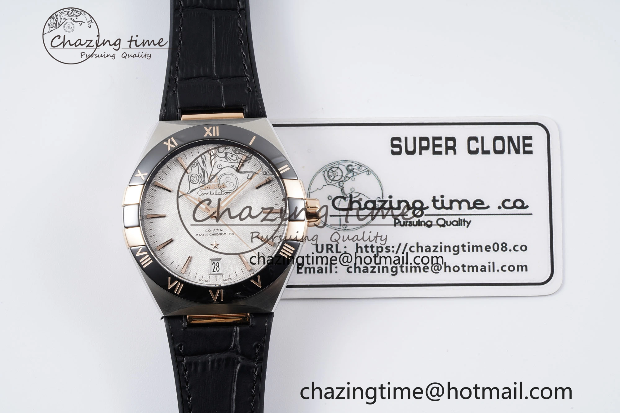 Constellation Black Ceramic SS RG SBF 1:1 Best Edition White Dial on Black Gummy Strap A8900 Super Clone