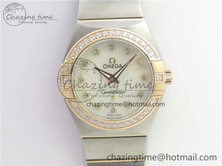 Constellation Ladies 27mm ZF 1:1 Best Edition SS RG White MOP Dial Diamonds Bezel & Markers on SS RG Bracelet ETA Quartz