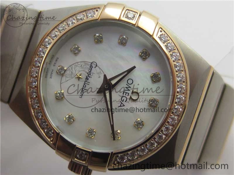 Constellation Ladies 27mm ZF 1:1 Best Edition SS RG White MOP Dial Diamonds Bezel & Markers on SS RG Bracelet ETA Quartz