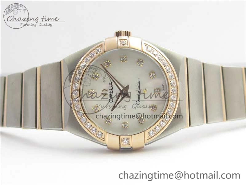 Constellation Ladies 27mm ZF 1:1 Best Edition SS RG White MOP Dial Diamonds Bezel & Markers on SS RG Bracelet ETA Quartz