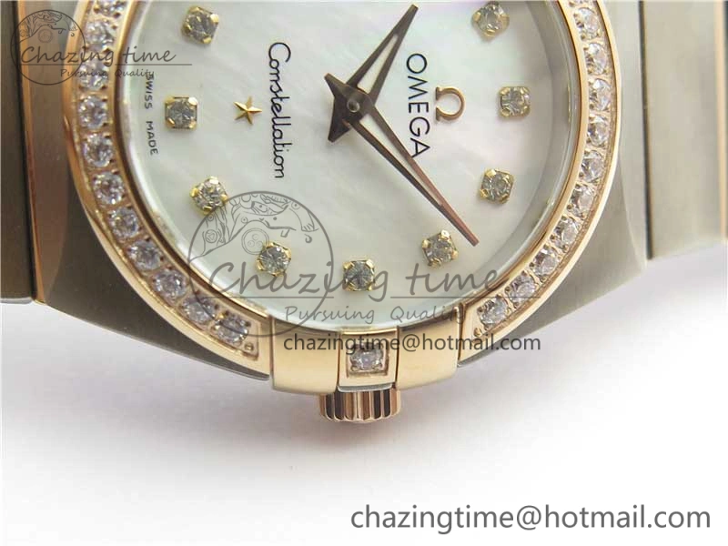 Constellation Ladies 27mm ZF 1:1 Best Edition SS RG White MOP Dial Diamonds Bezel & Markers on SS RG Bracelet ETA Quartz